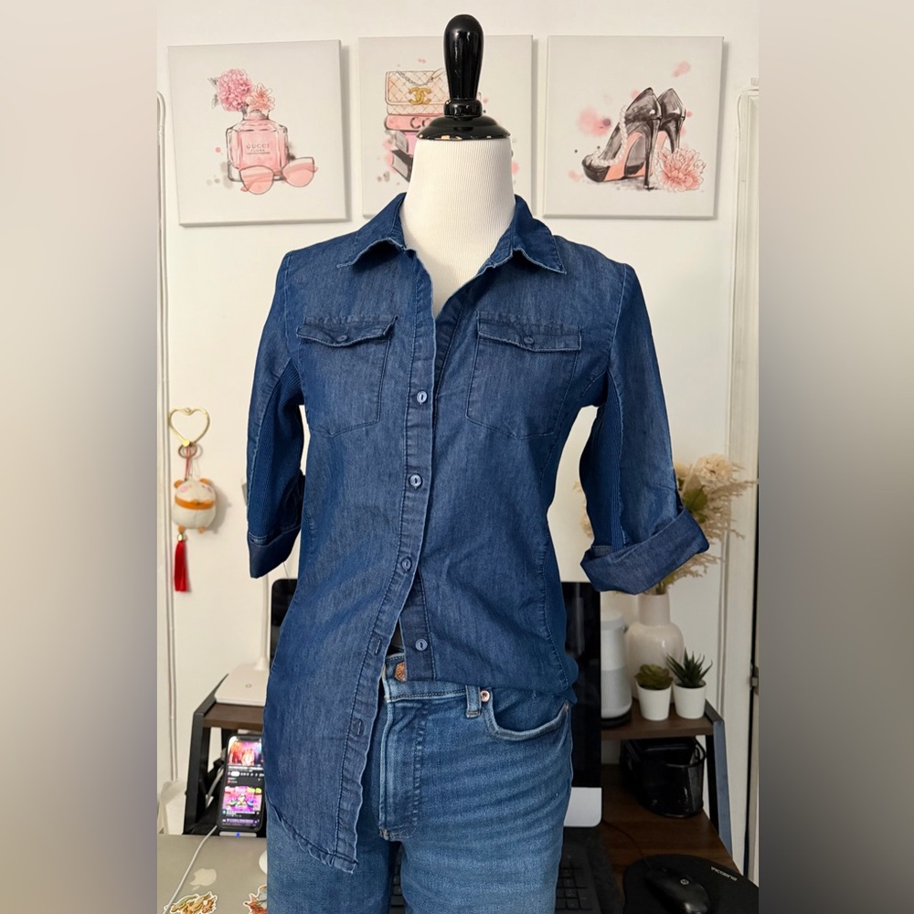 🍒Brand New without tag Cavalini Dark Blue Denim Button-Down Shirt - Picture 2 of 6